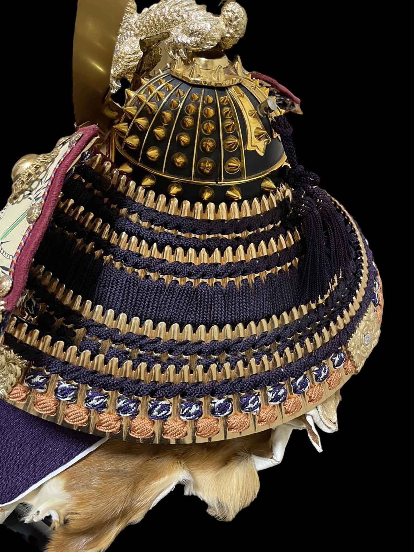Satsuki Helmet dragon Kabuto full set original displayed wood lacquer box, by Ryugyoku,  rare fabric, Japanese luxury table decor