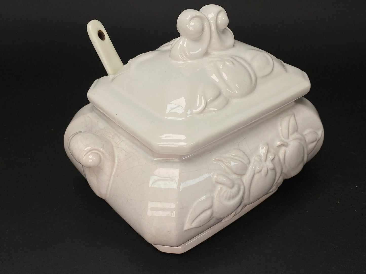 Japanese Embossed Pattern Large Jar, Vtg Ceramic lidded Bowl, sugar jar with spoon, Made in Japan
