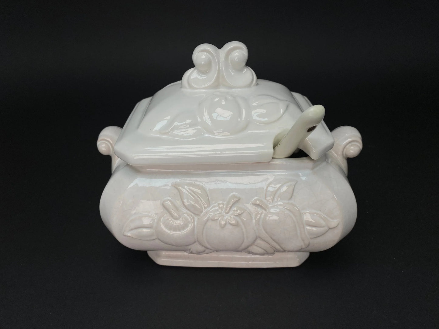 Japanese Embossed Pattern Large Jar, Vtg Ceramic lidded Bowl, sugar jar with spoon, Made in Japan