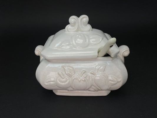 Japanese Embossed Pattern Large Jar, Vtg Ceramic lidded Bowl, sugar jar with spoon, Made in Japan