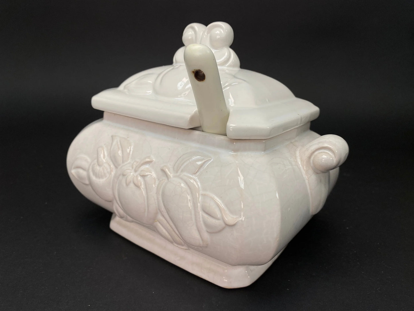Japanese Embossed Pattern Large Jar, Vtg Ceramic lidded Bowl, sugar jar with spoon, Made in Japan