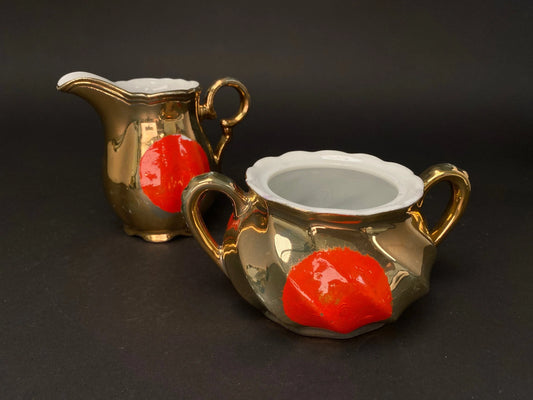 Vintage Gold & Red Creamer and Sugar Bowl Set - Made in Japan