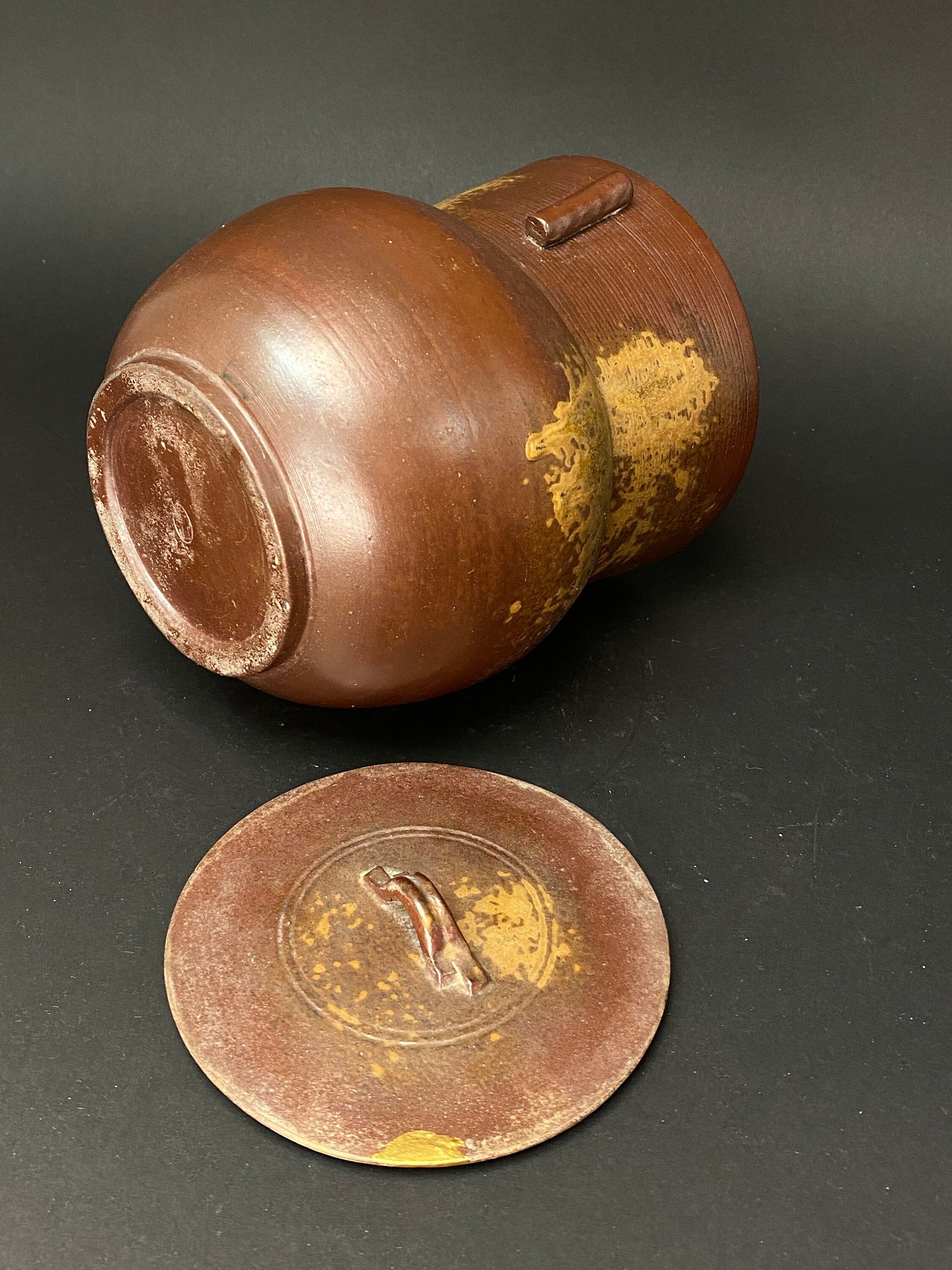 KINTSUGI Bizen ware yaki Big Kensui with lid, Kozan kiln H6" Japanese Art Work Pottery, lidded Pot w/Stamp