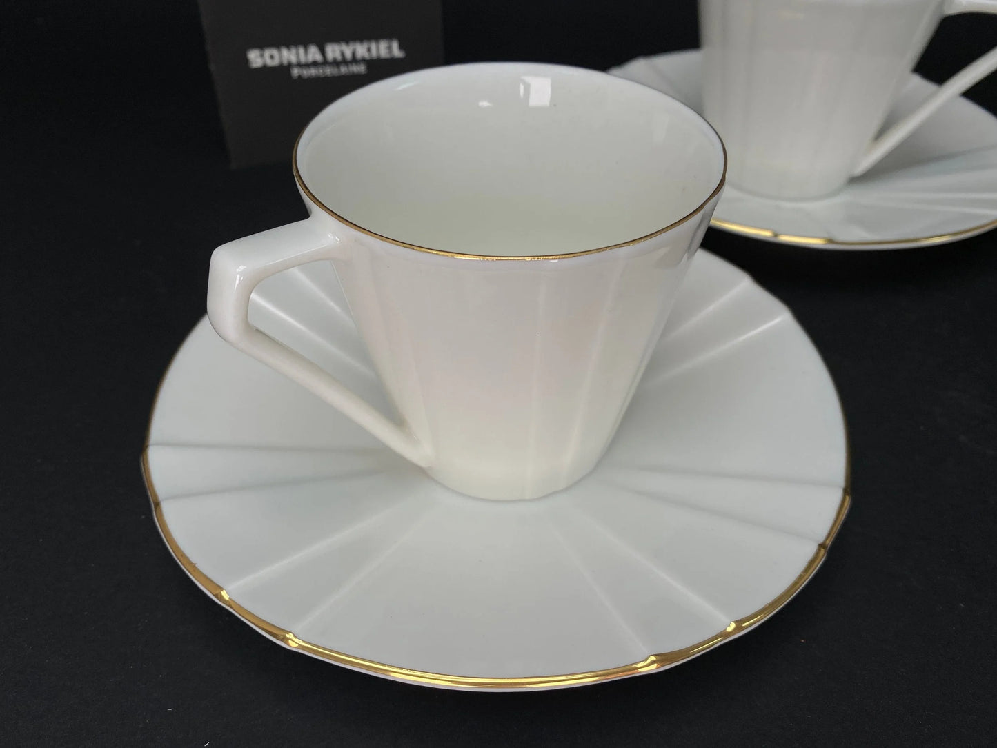 Pair Cups and Saucers, in gift Box, France Sonia Rykiel Demitasse, France Porcelain, Vintage Coffee set