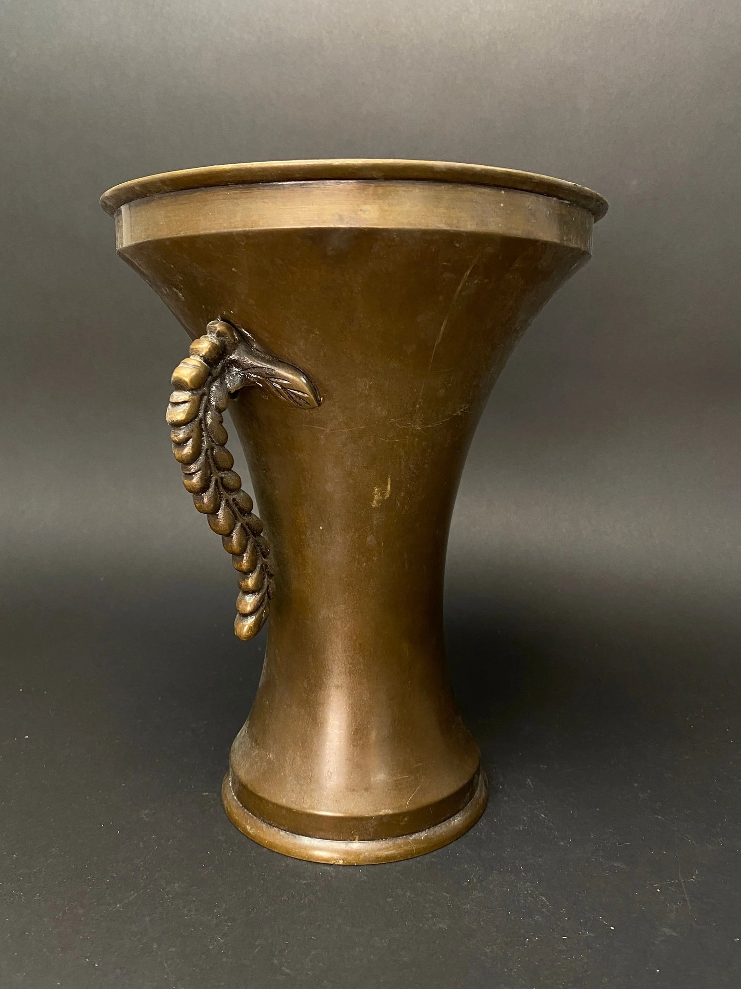 Shiun Ikebana Bronze Vase, Japanese Ikenobo Vase with engrave, Made in Japan, Usubata H9.5", purple cloud