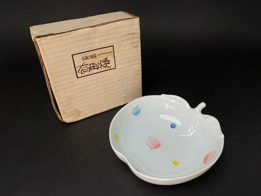 Arita ware yaki Apple shape white bowl with original Box. Open Box, Spot pattern