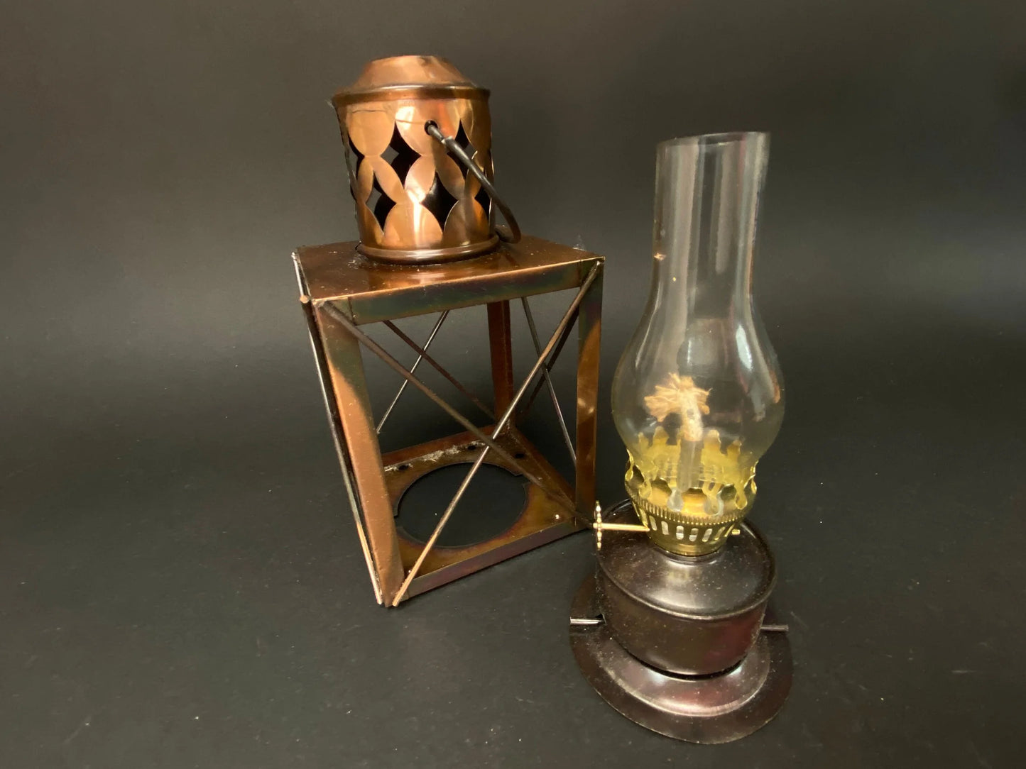Japanese Miniature Vintage Oil Lamp, Lantern Copper Brown Japan with box.