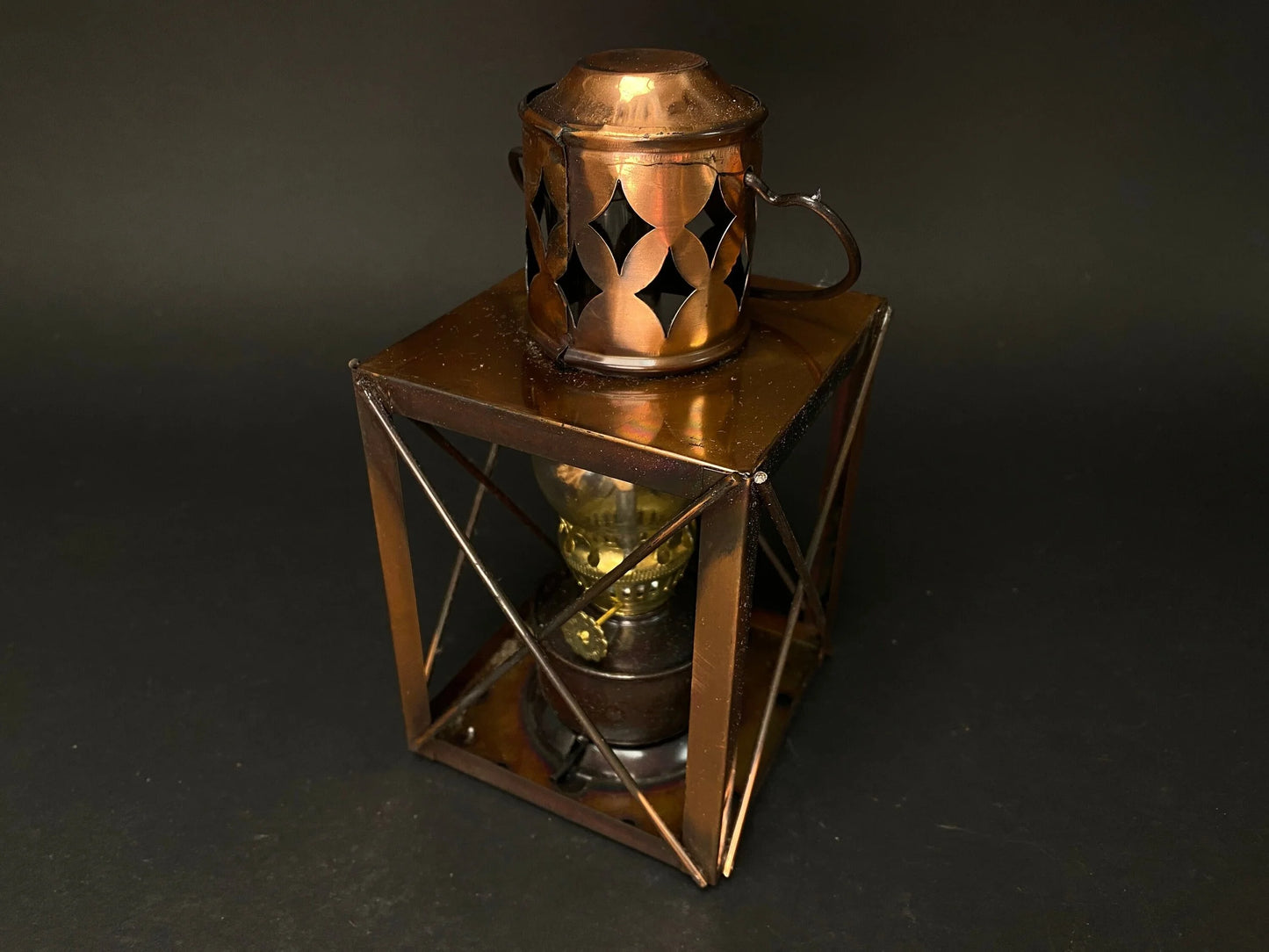 Japanese Miniature Vintage Oil Lamp, Lantern Copper Brown Japan with box.