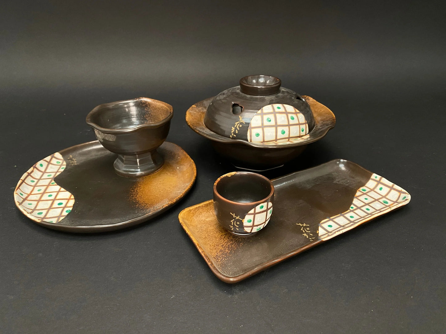 Japanese Hanakago 5pcs set, Handmade Signed, brown Lidded Pot, Bowl, Sake Cup, Plate, Sushi Tray, Japanese vintage