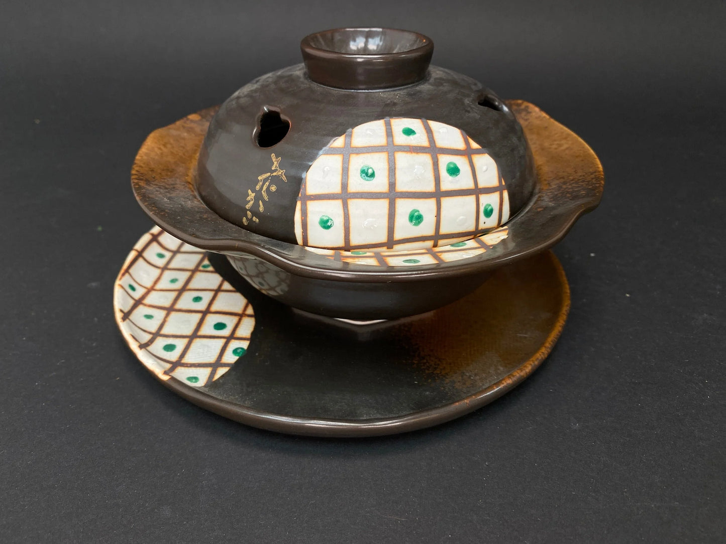 Japanese Hanakago 5pcs set, Handmade Signed, brown Lidded Pot, Bowl, Sake Cup, Plate, Sushi Tray, Japanese vintage