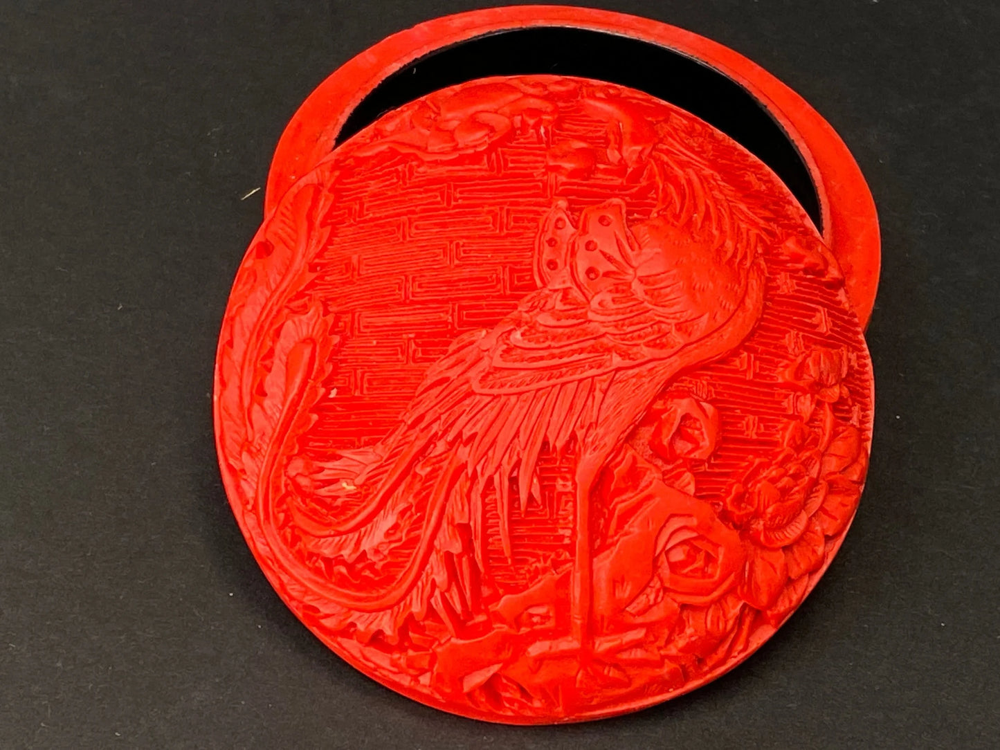 Japanese Red pill box rare, incense box vintage, Vintage Phoenix Hand carved incense container