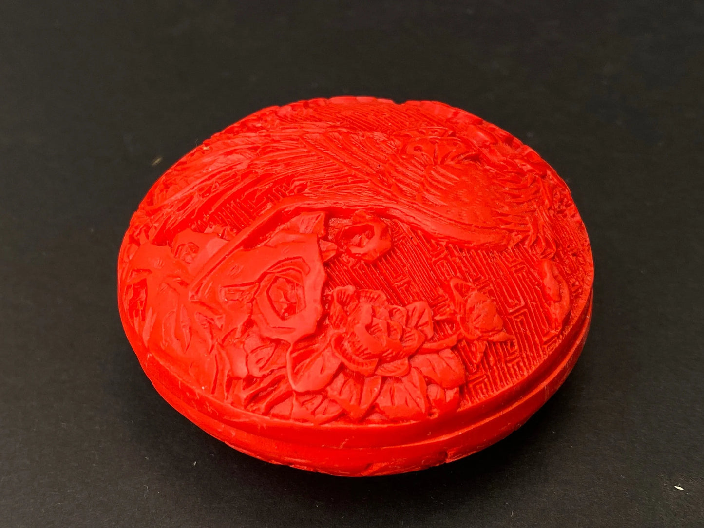 Japanese Red pill box rare, incense box vintage, Vintage Phoenix Hand carved incense container