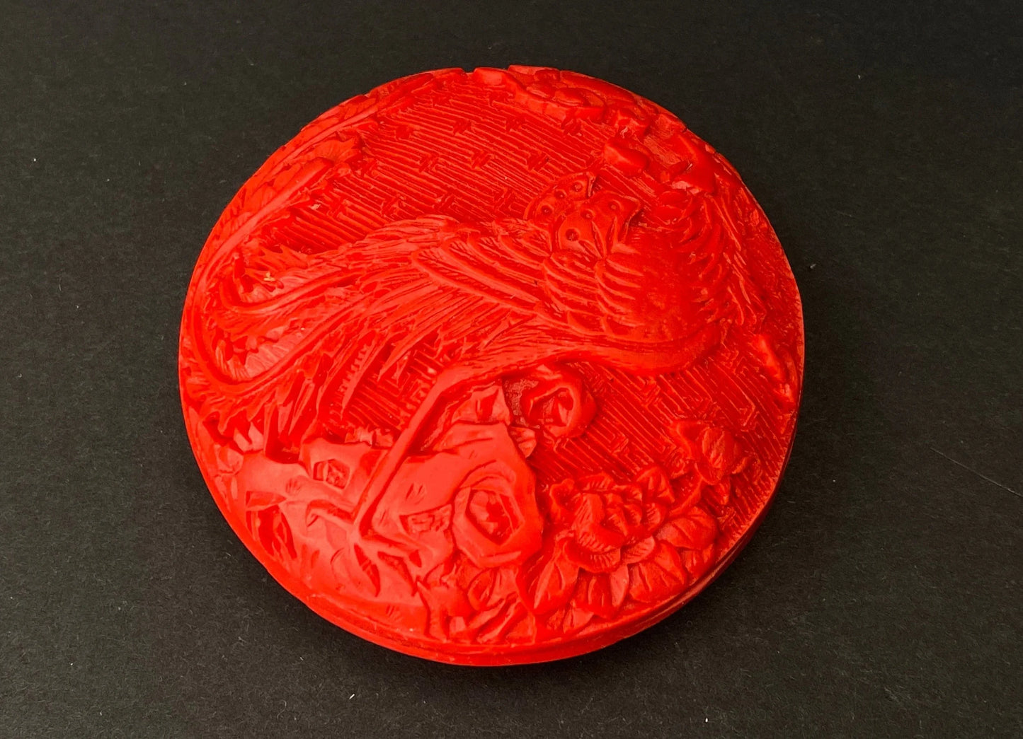 Japanese Red pill box rare, incense box vintage, Vintage Phoenix Hand carved incense container