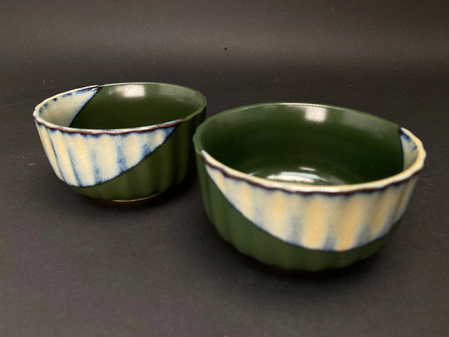 Japanese Green Pair of Bowls with gift box, low profile, OPEN BOX