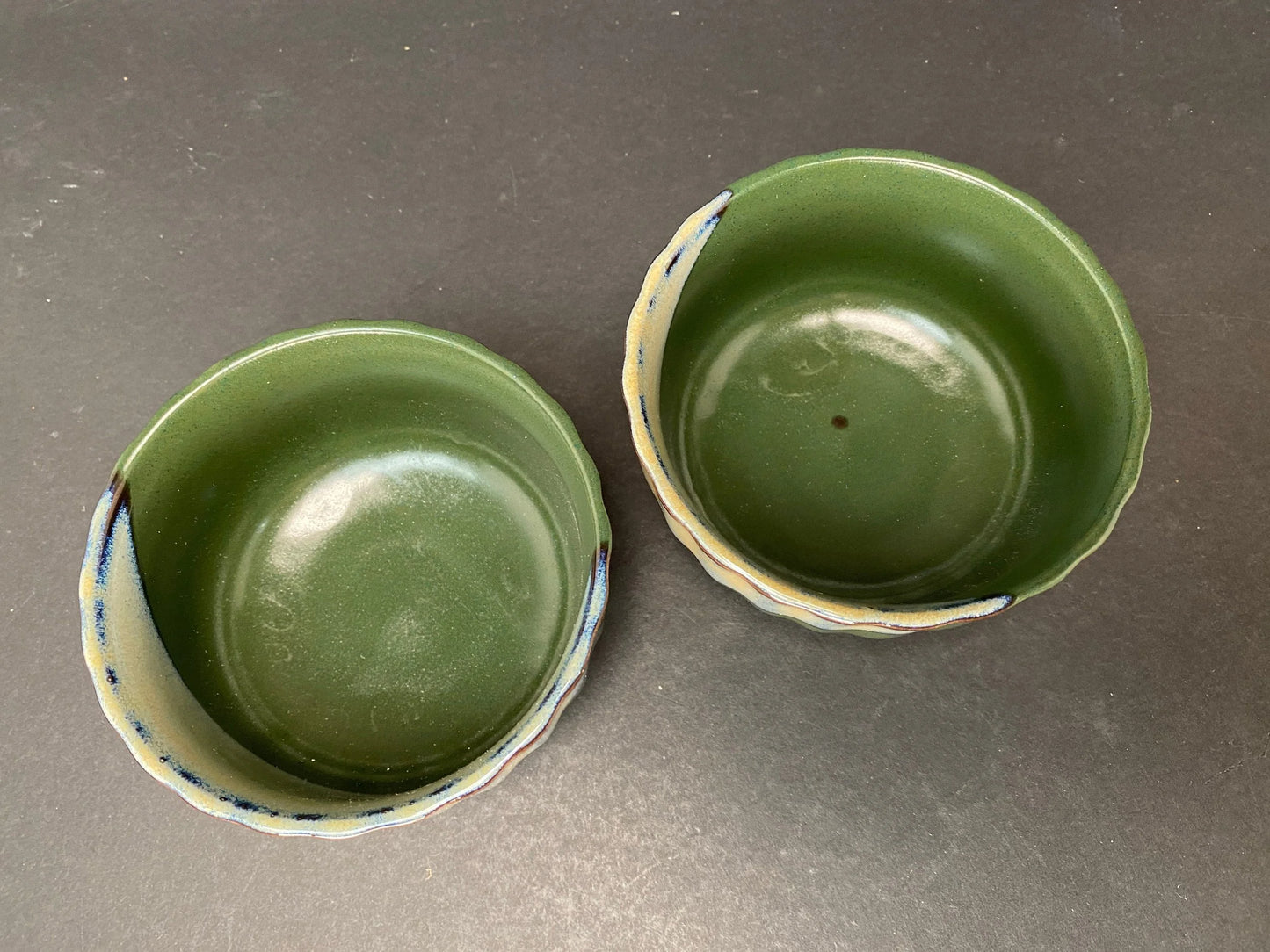 Japanese Green Pair of Bowls with gift box, low profile, OPEN BOX