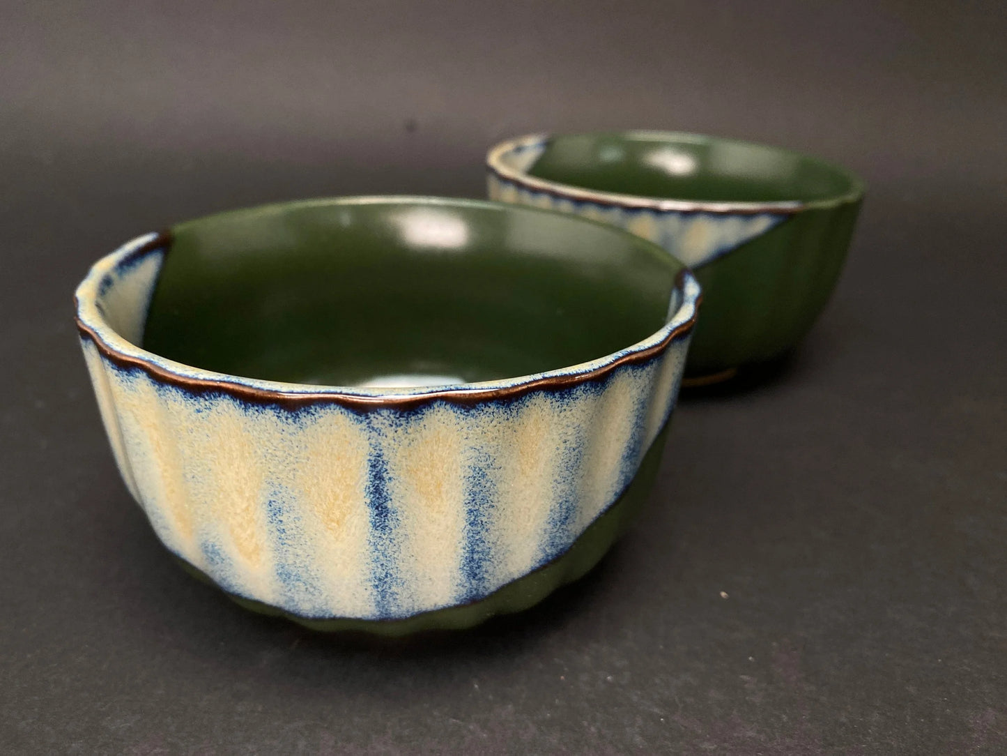 Japanese Green Pair of Bowls with gift box, low profile, OPEN BOX