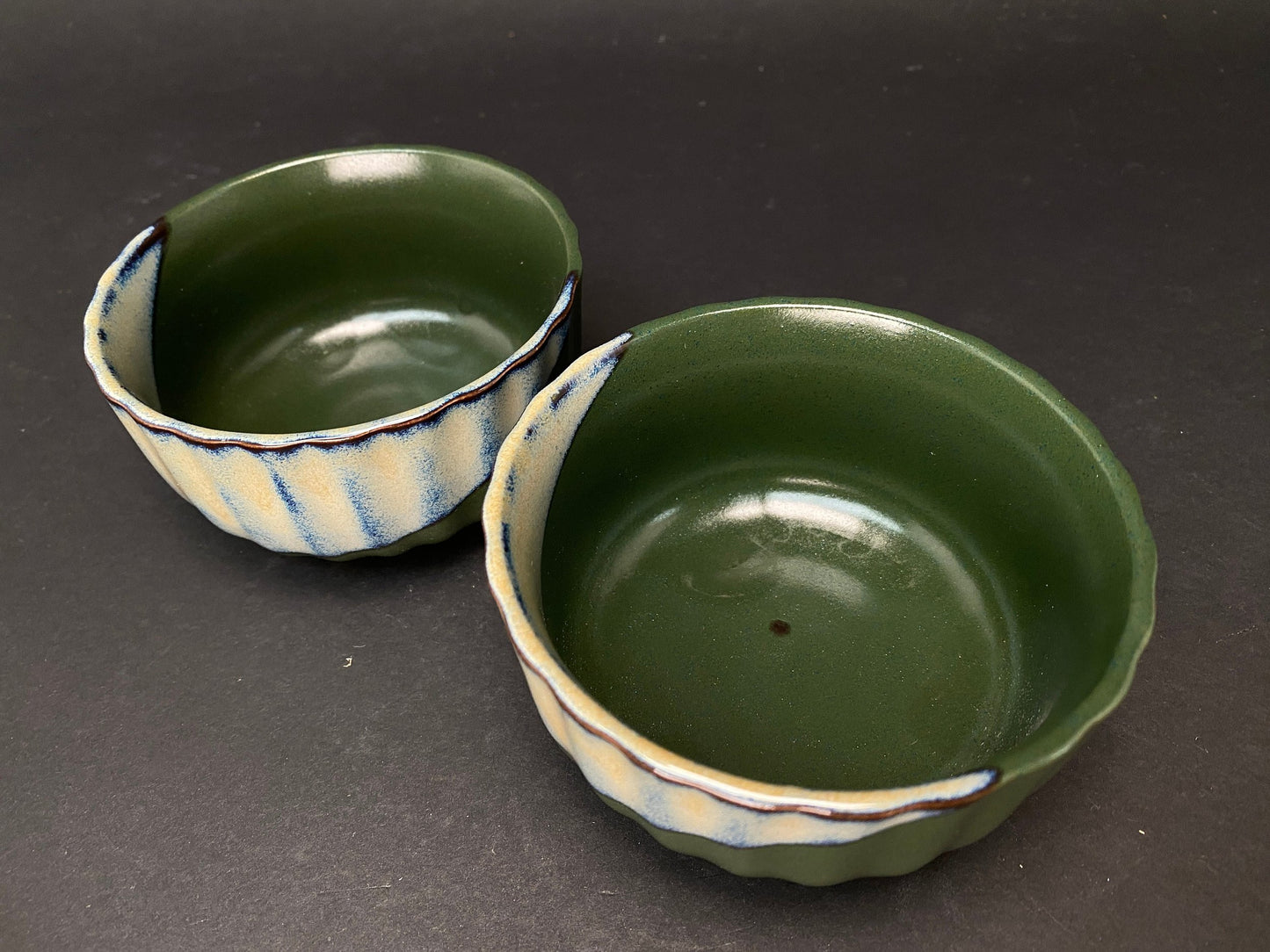 Japanese Green Pair of Bowls with gift box, low profile, OPEN BOX