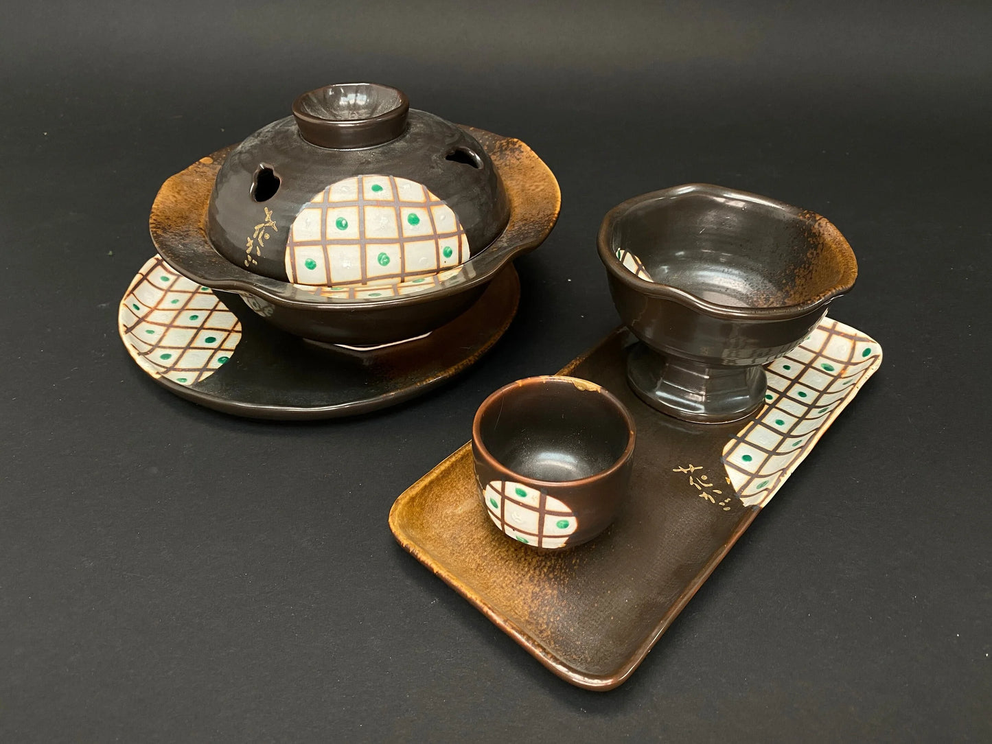 Japanese Hanakago 5pcs set, Handmade Signed, brown Lidded Pot, Bowl, Sake Cup, Plate, Sushi Tray, Japanese vintage