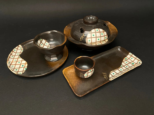Japanese Hanakago 5pcs set, Handmade Signed, brown Lidded Pot, Bowl, Sake Cup, Plate, Sushi Tray, Japanese vintage