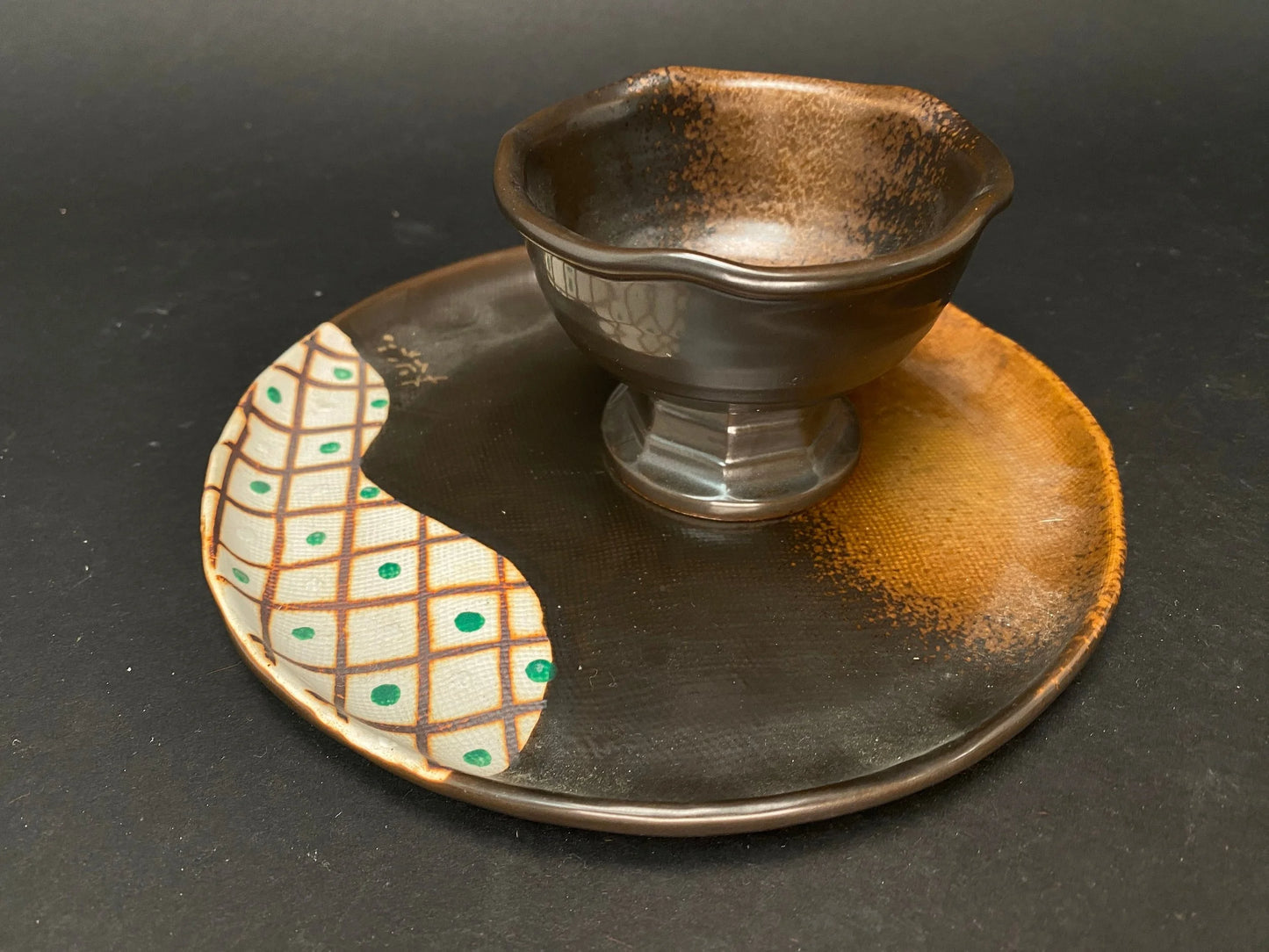 Japanese Hanakago 5pcs set, Handmade Signed, brown Lidded Pot, Bowl, Sake Cup, Plate, Sushi Tray, Japanese vintage