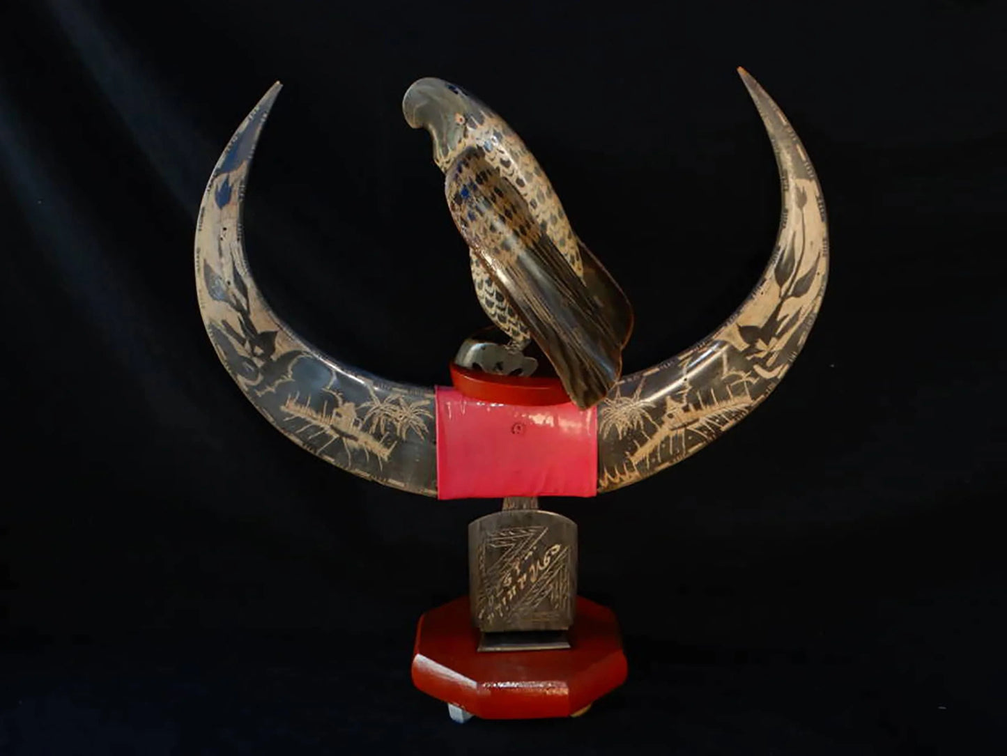 Japanese Water Buffalo Horn Fugurine: H23” Animal Horn art Hawk Eagle table decor,