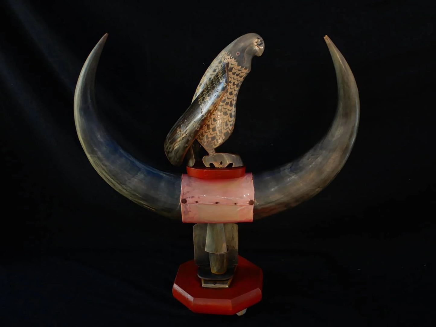 Japanese Water Buffalo Horn Fugurine: H23” Animal Horn art Hawk Eagle table decor,