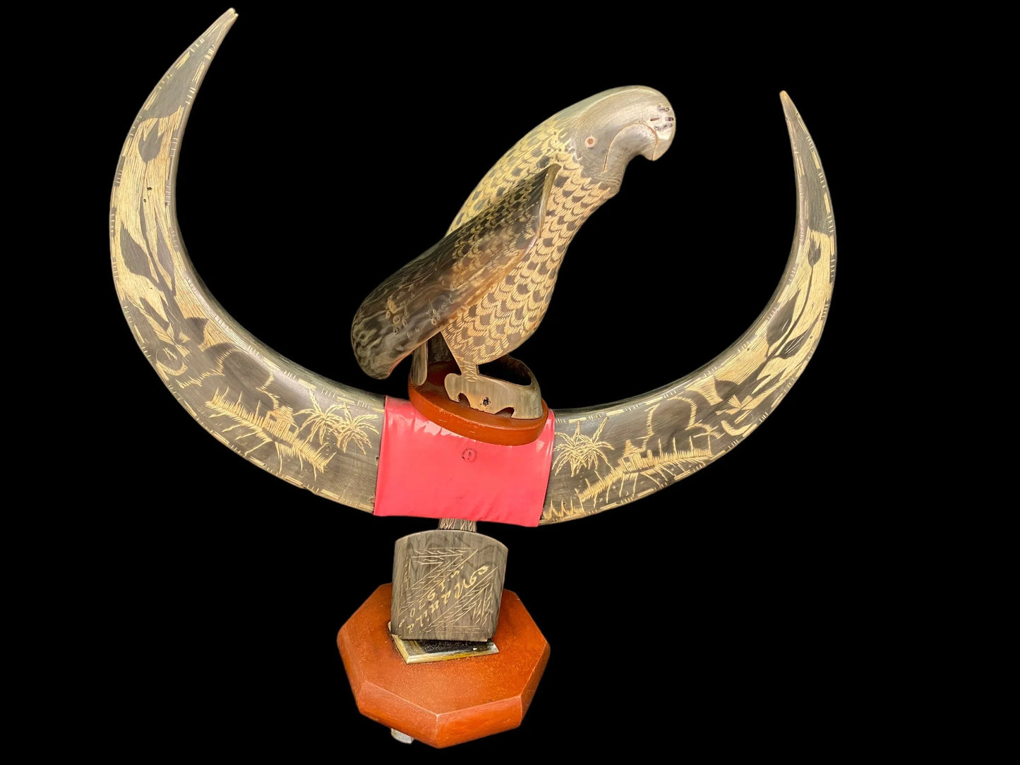 Japanese Water Buffalo Horn Fugurine: H23” Animal Horn art Hawk Eagle table decor,