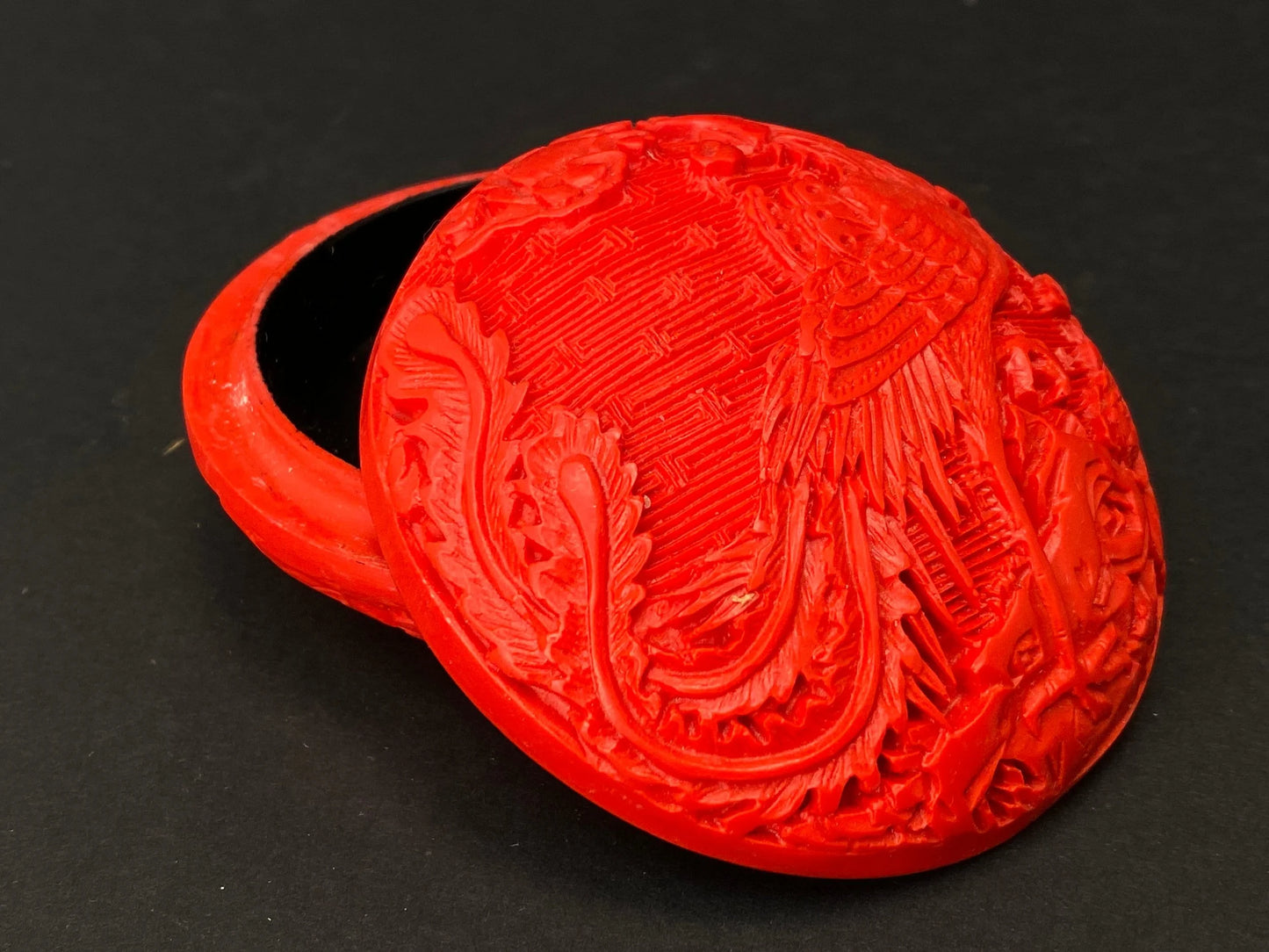 Japanese Red pill box rare, incense box vintage, Vintage Phoenix Hand carved incense container