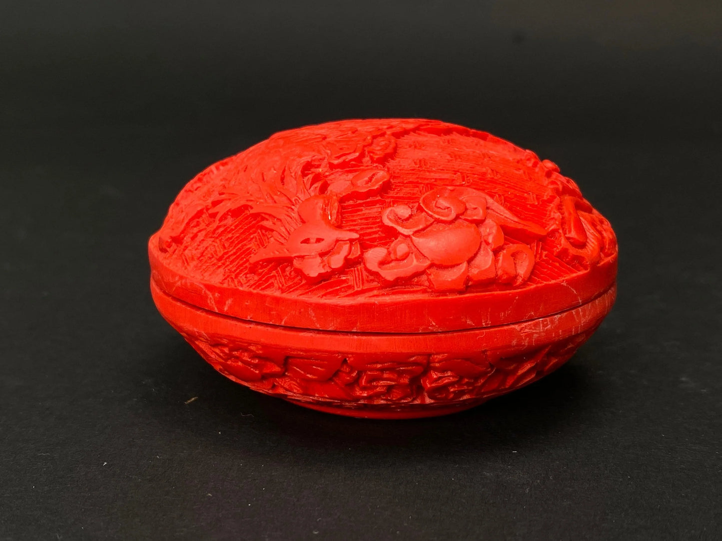 Japanese Red pill box rare, incense box vintage, Vintage Phoenix Hand carved incense container