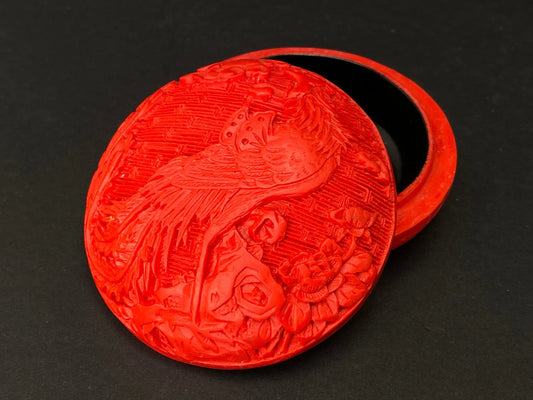 Japanese Red pill box rare, incense box vintage, Vintage Phoenix Hand carved incense container