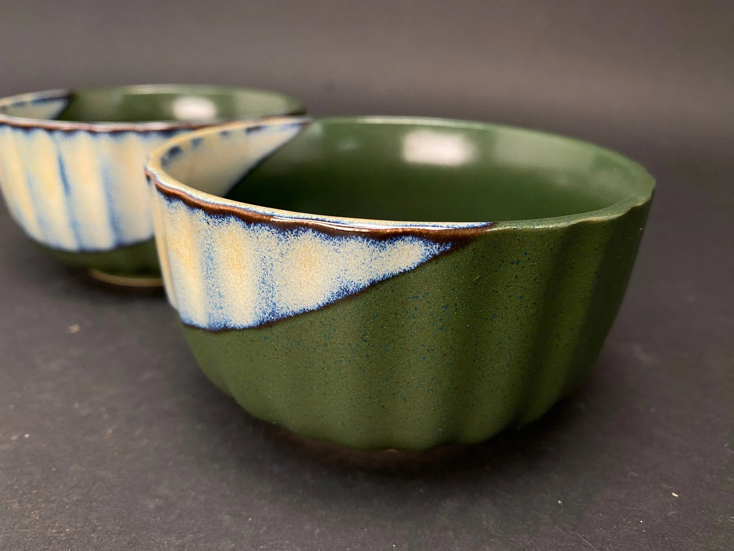 Japanese Green Pair of Bowls with gift box, low profile, OPEN BOX