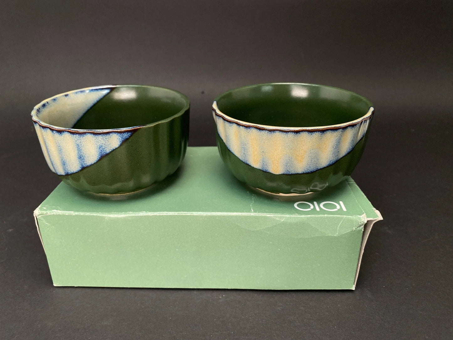 Japanese Green Pair of Bowls with gift box, low profile, OPEN BOX