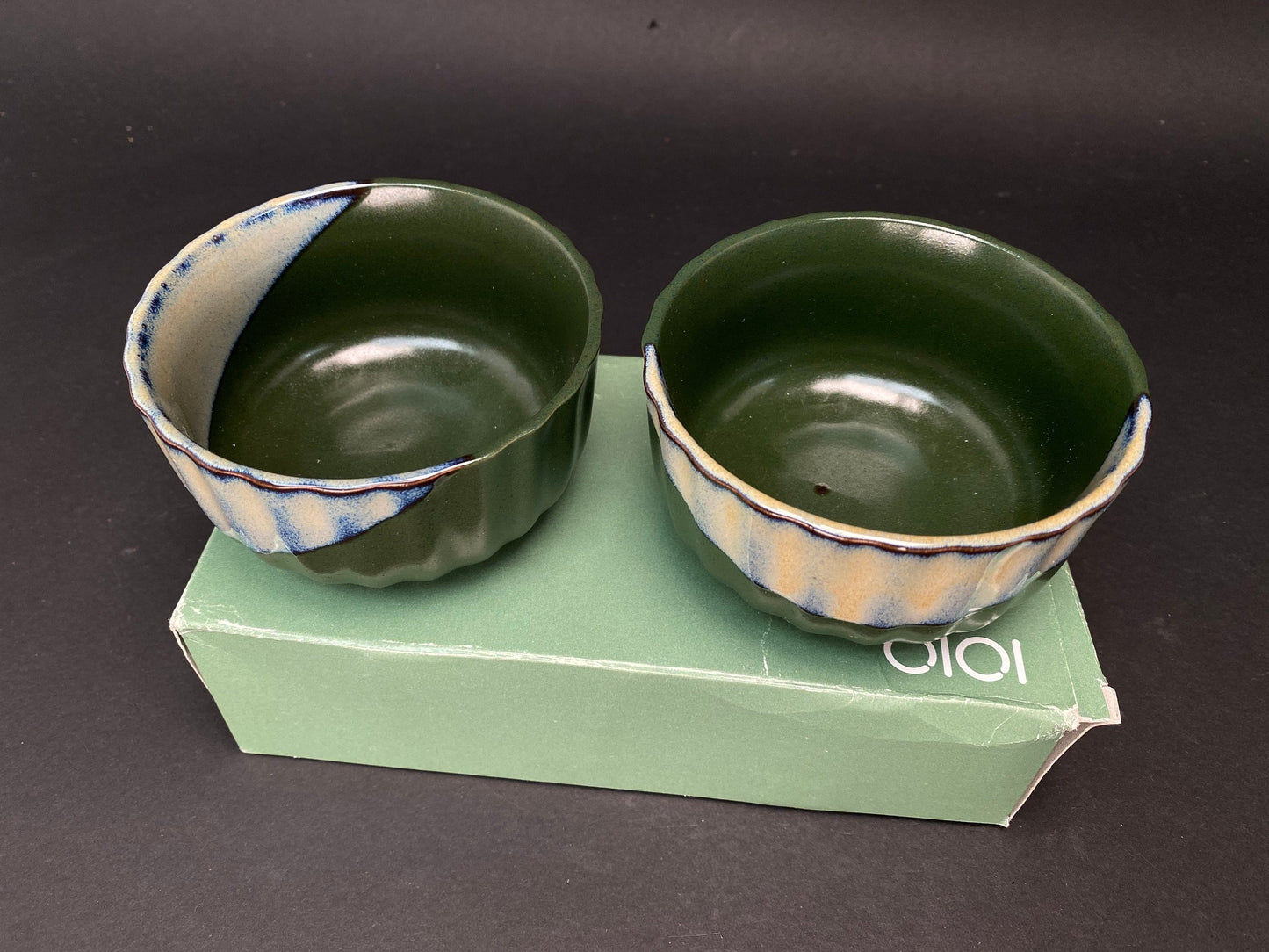 Japanese Green Pair of Bowls with gift box, low profile, OPEN BOX