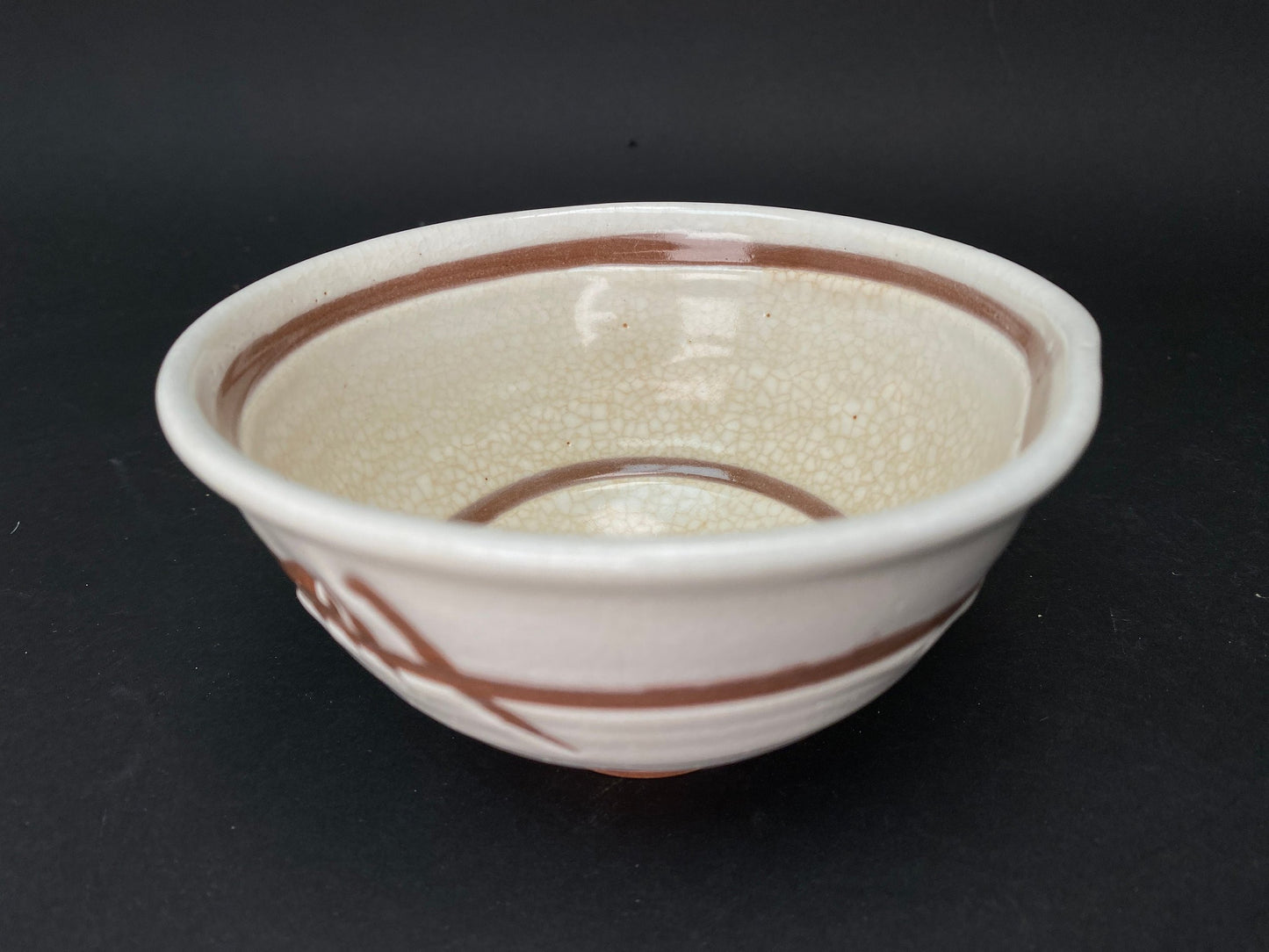 Japanese Tea Bowl Signed, Beige Chawan with freestyle design, Made in Japan