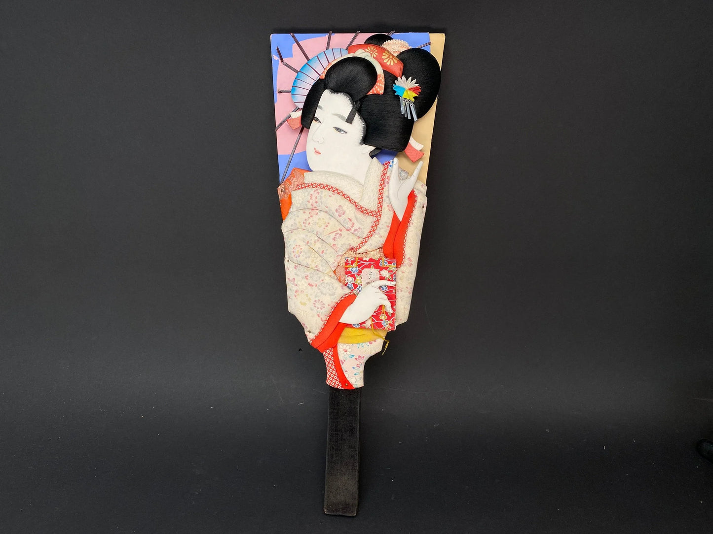 Huge 19.5" Japanese Battledore Racquet circa 1980s, Geisha Head, Traditional decorated Racket, Mint