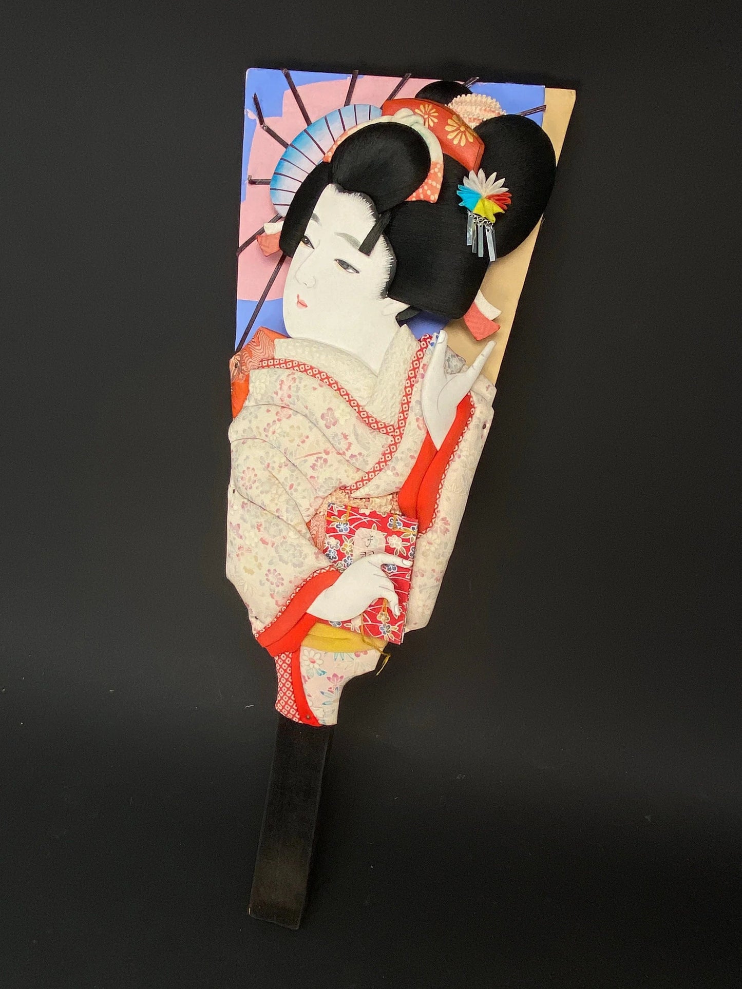 Huge 19.5" Japanese Battledore Racquet circa 1980s, Geisha Head, Traditional decorated Racket, Mint