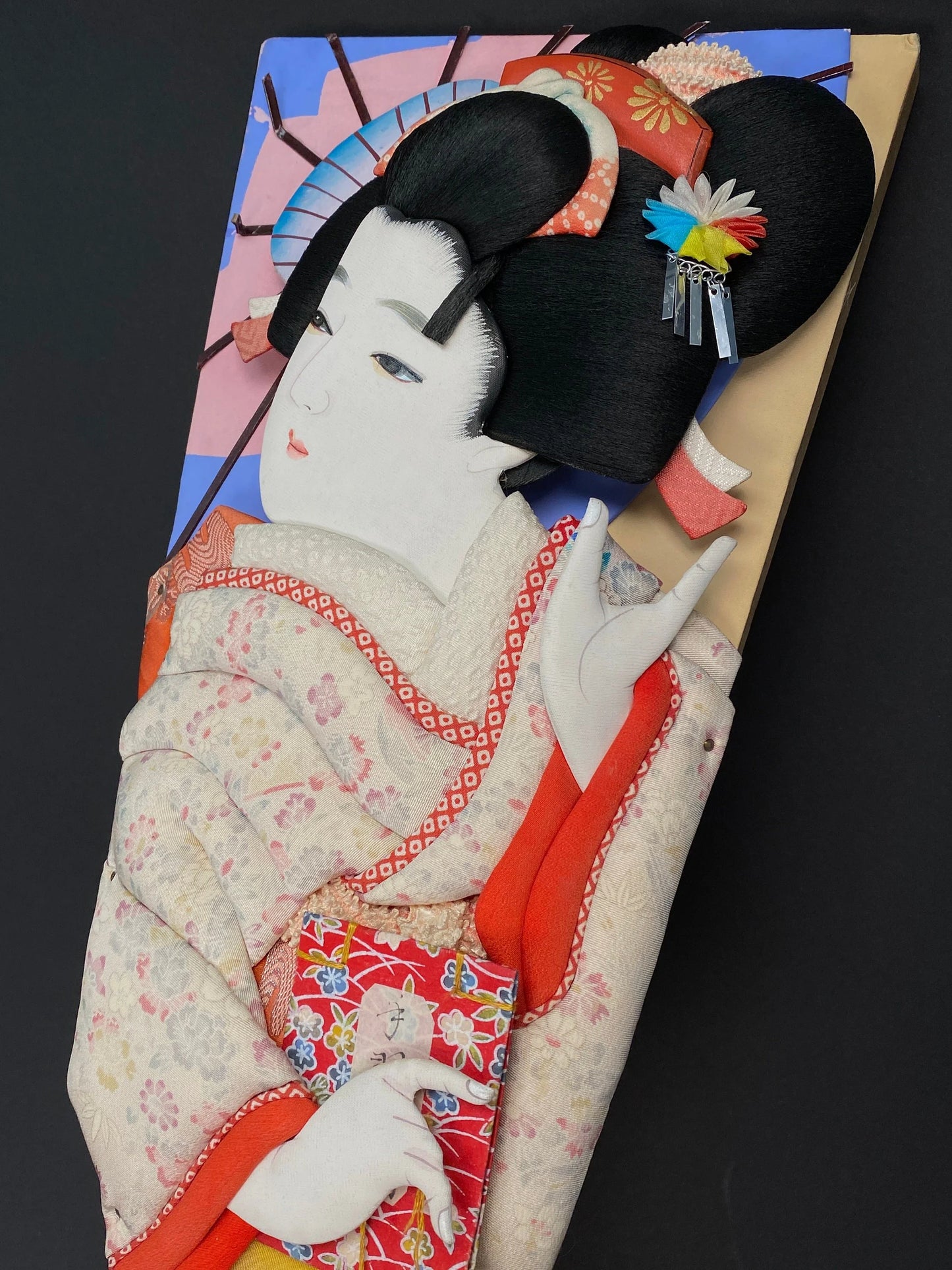 Huge 19.5" Japanese Battledore Racquet circa 1980s, Geisha Head, Traditional decorated Racket, Mint