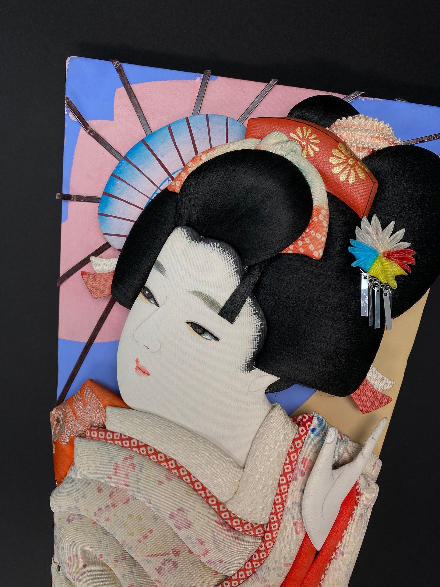 Huge 19.5" Japanese Battledore Racquet circa 1980s, Geisha Head, Traditional decorated Racket, Mint