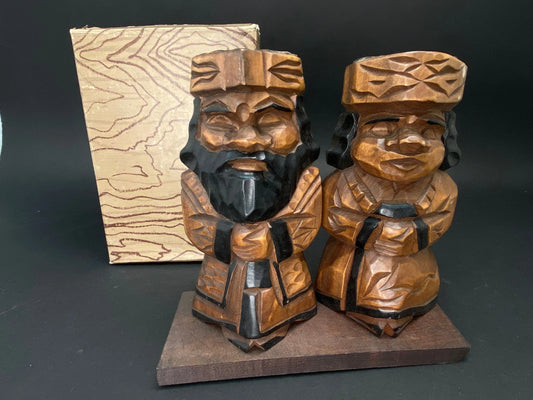 Nippon Wood Doll, couple Ainu Kokeshi Wood Crafts, Japanese Folk Art with gift box, 7.5"H Hokkaido Souvenir Wood Carving