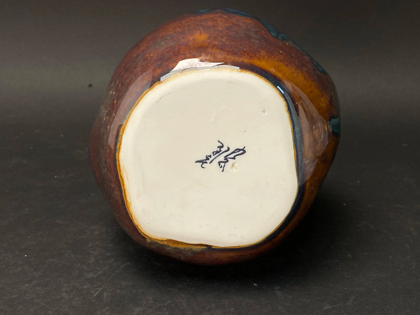 Japanese Kutani yaki  Ikebana Vase signed, made by Artiest Sandaim, Wooden co-box,  Art Pottery Irregular Ball Shape, purple container