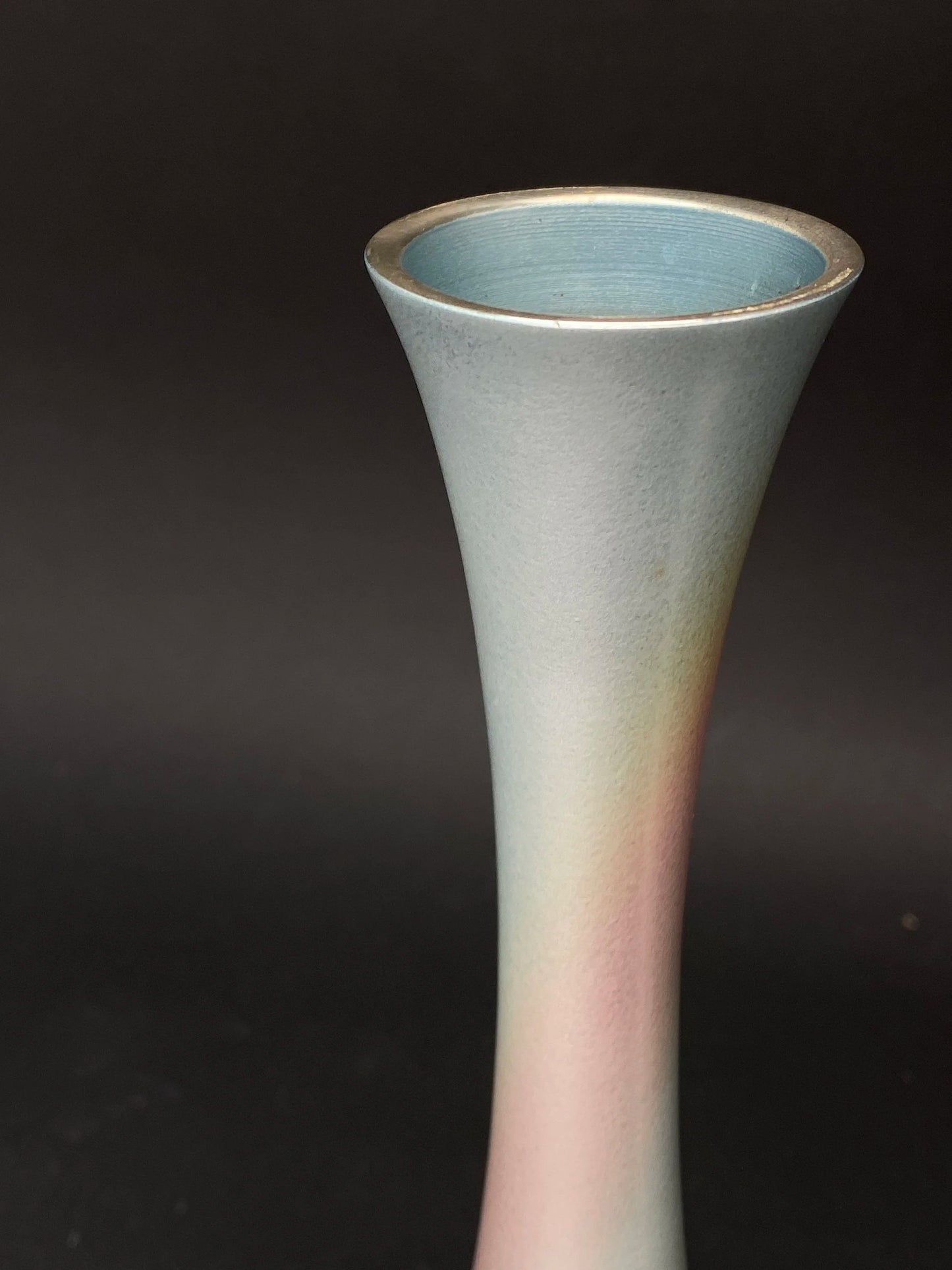 Japanese Bronze Ikebana Vase: vtg Crane Neck Pink and Blue Tachikichi table decor