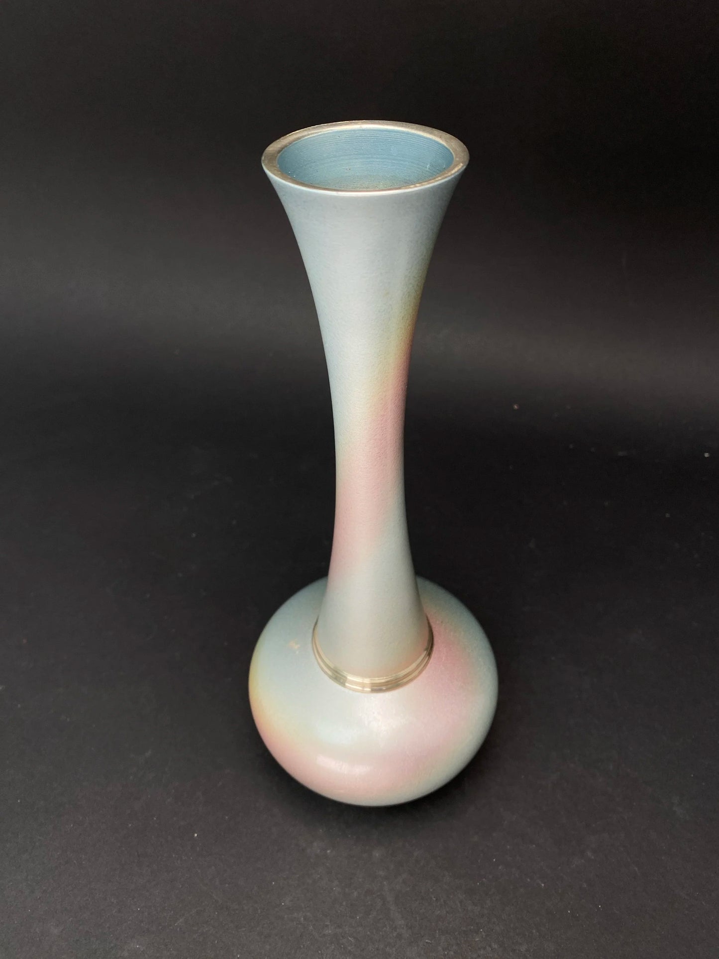 Japanese Bronze Ikebana Vase: vtg Crane Neck Pink and Blue Tachikichi table decor