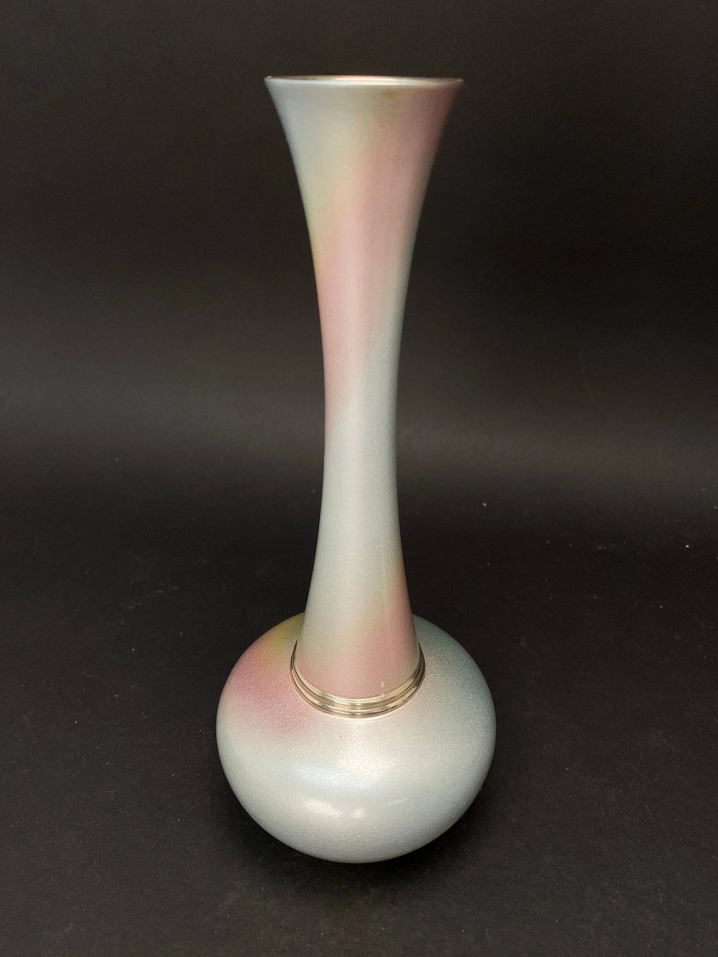 Japanese Bronze Ikebana Vase: vtg Crane Neck Pink and Blue Tachikichi table decor