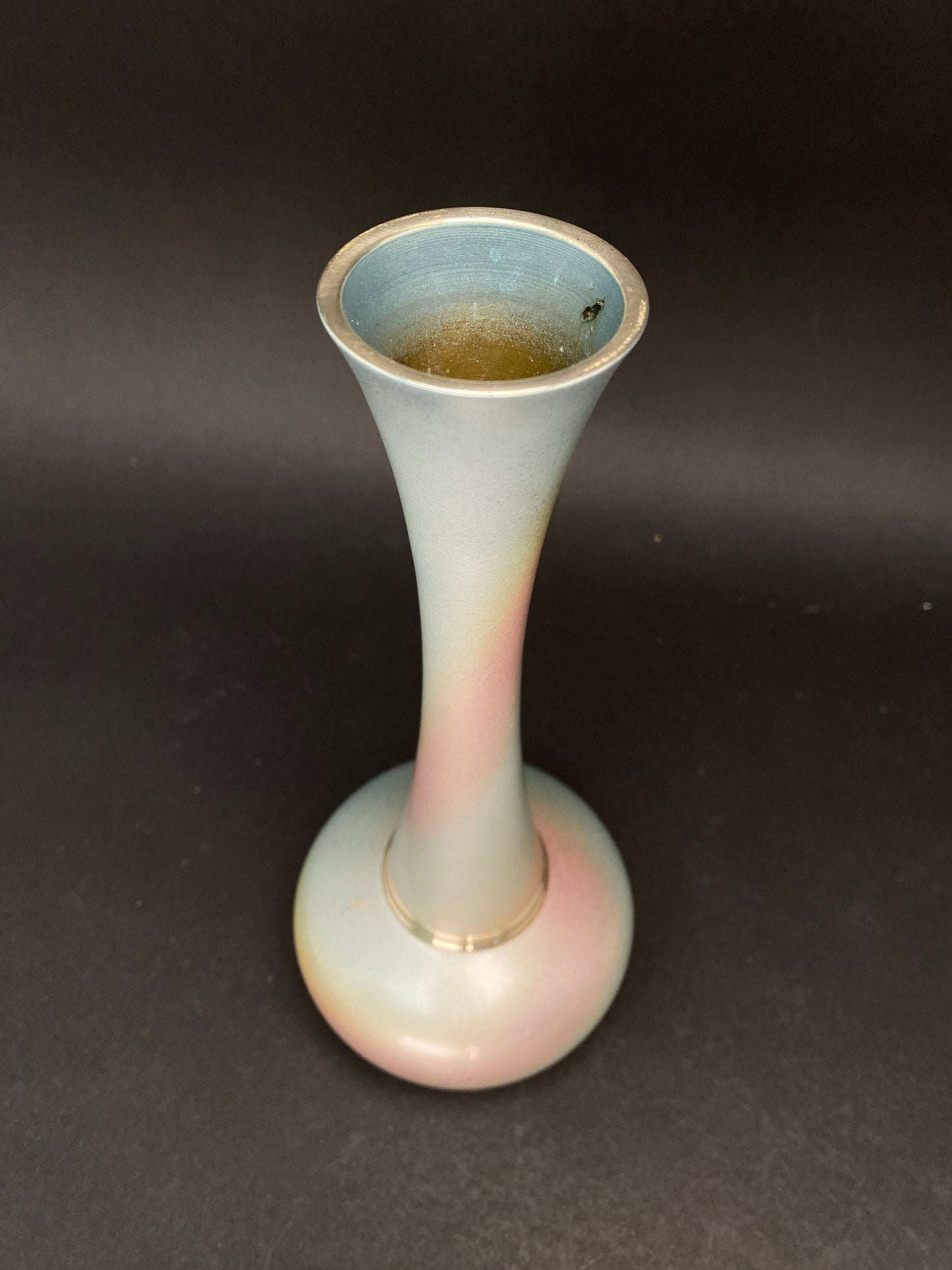 Japanese Bronze Ikebana Vase: vtg Crane Neck Pink and Blue Tachikichi table decor