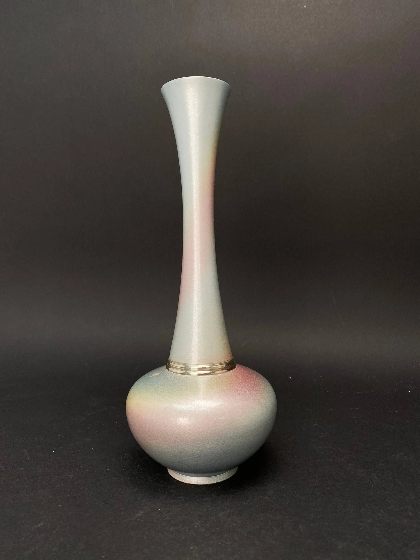 Japanese Bronze Ikebana Vase: vtg Crane Neck Pink and Blue Tachikichi table decor