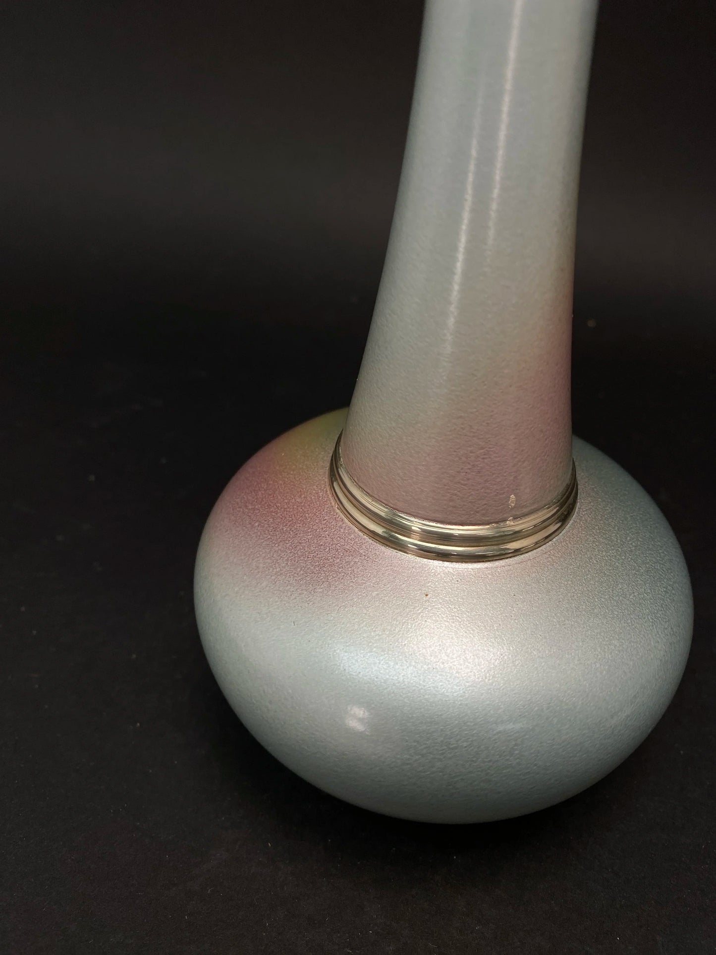 Japanese Bronze Ikebana Vase: vtg Crane Neck Pink and Blue Tachikichi table decor