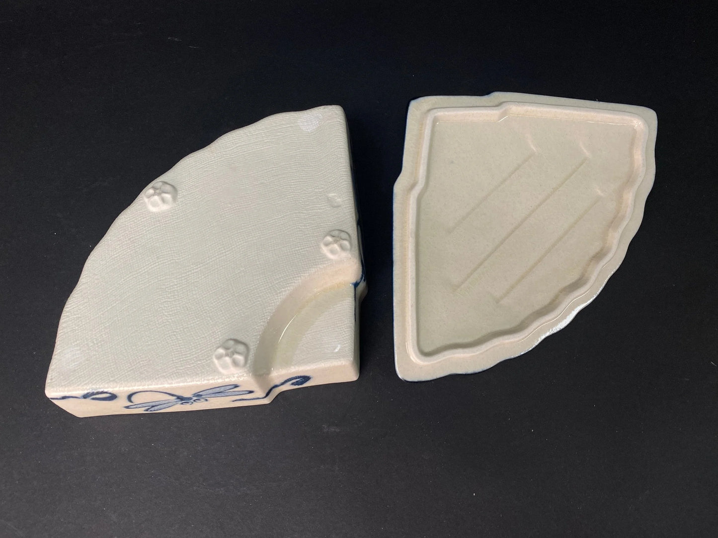 Japanese Fan Shape lidded Bowl signed, with original box, Trinket, ceramic Dish W9" w/wooden co-box, Blue & White, Dragonfly pattern