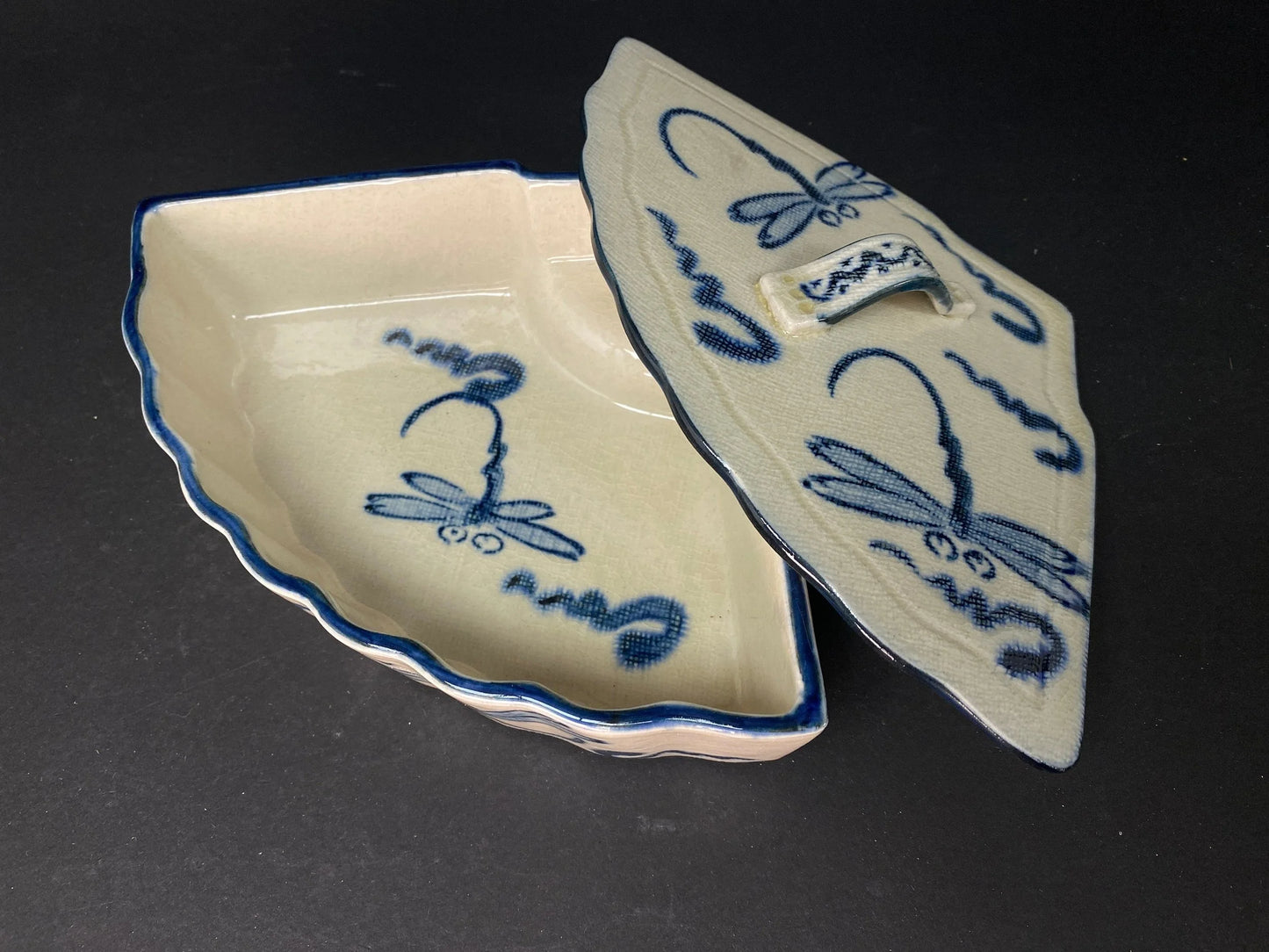 Japanese Fan Shape lidded Bowl signed, with original box, Trinket, ceramic Dish W9" w/wooden co-box, Blue & White, Dragonfly pattern