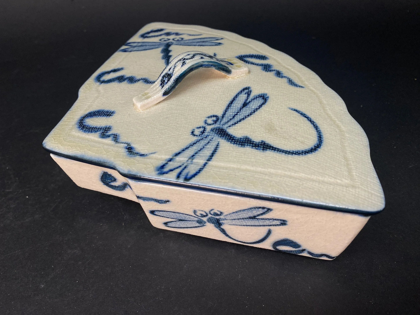 Japanese Fan Shape lidded Bowl signed, with original box, Trinket, ceramic Dish W9" w/wooden co-box, Blue & White, Dragonfly pattern