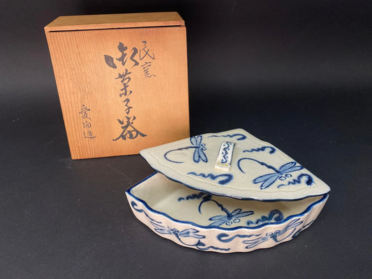 Japanese Fan Shape lidded Bowl signed, with original box, Trinket, ceramic Dish W9" w/wooden co-box, Blue & White, Dragonfly pattern